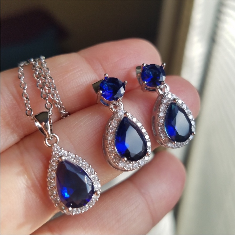 Swarovski Elements 925 Sterling Silver Blue Sapphire Teardrop Necklace SET NEW